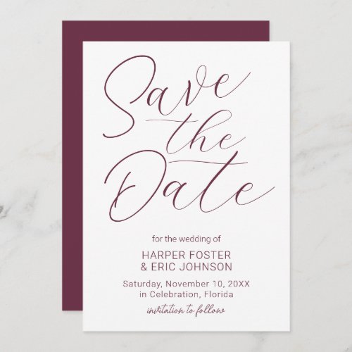 Modern Minimalist Script Burgundy Save the Date Announcement