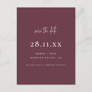 Modern Minimalist Script Burgundy Save The Date Announcement Postcard