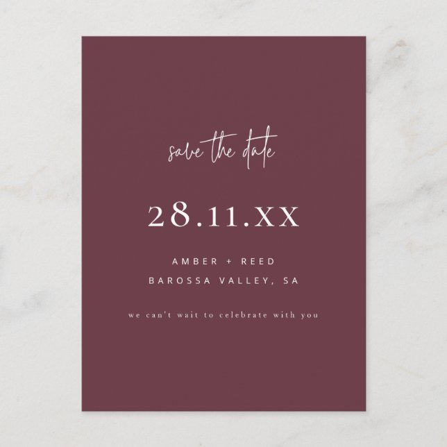 Modern Minimalist Script Burgundy Save The Date Announcement Postcard (Front)