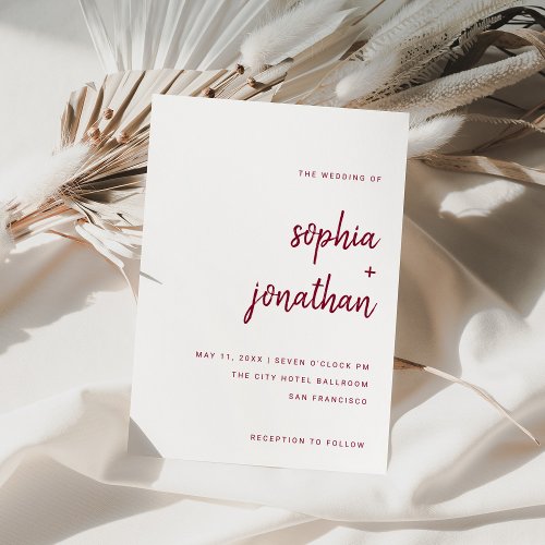 Modern Minimalist Script Burgundy  Wedding Invitation