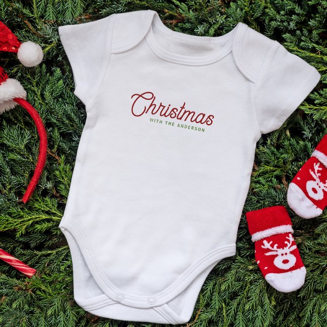 Modern Minimalist Script Christmas Family Name Baby Bodysuit (Creator Uploaded)