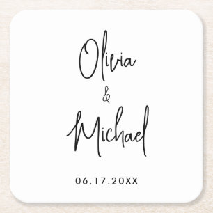 Modern Minimalist Script Couple Names Wedding Square Paper Coaster