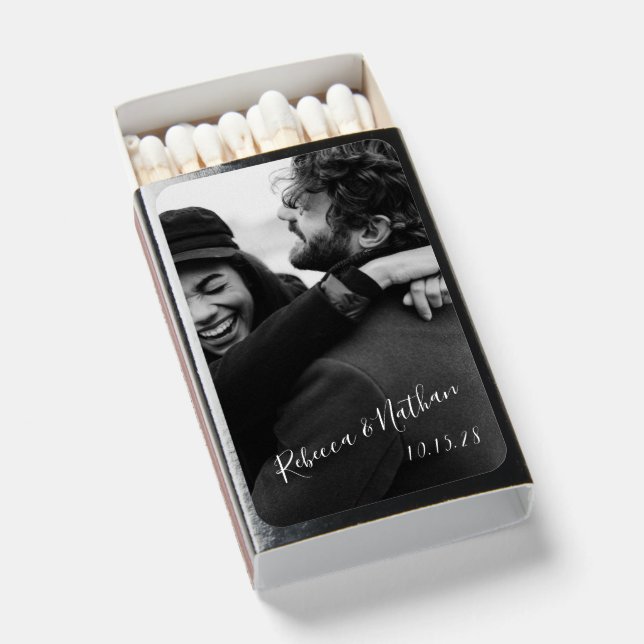 Modern Minimalist Script Custom Photo Wedding  Matchboxes (Front Open)