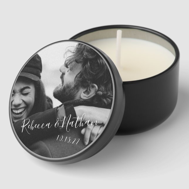 Modern Minimalist Script Custom Photo Wedding  Mini Candle Favors (Corner)