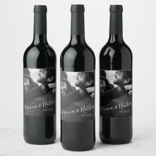Modern Minimalist Script Custom Photo Wedding  Wine Label