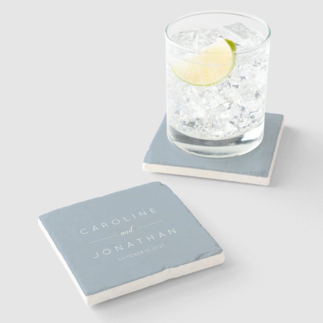 Modern Minimalist Script Custom Wedding Dusty Blue Stone Coaster (Side)