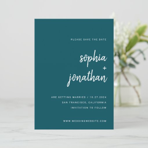 Modern Minimalist Script Deep Teal | Photo Back Save The Date | Zazzle