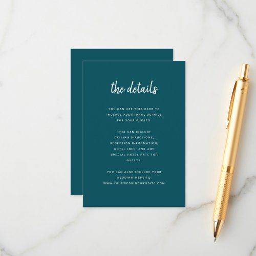 Modern Minimalist Script Deep Teal Wedding Details Enclosure Card