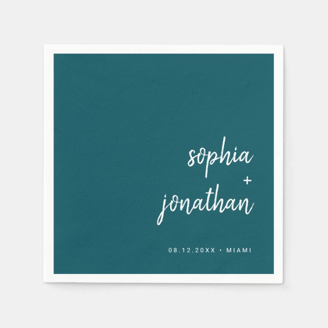 Modern Minimalist Script | Deep Teal Wedding Napkins (Front)