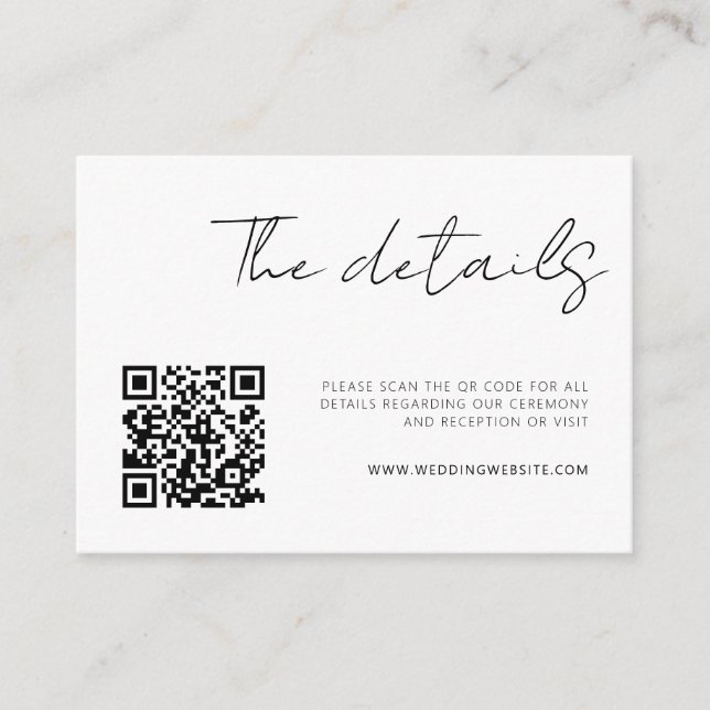Modern Minimalist Script Details QR Code Enclosure Card (Front)