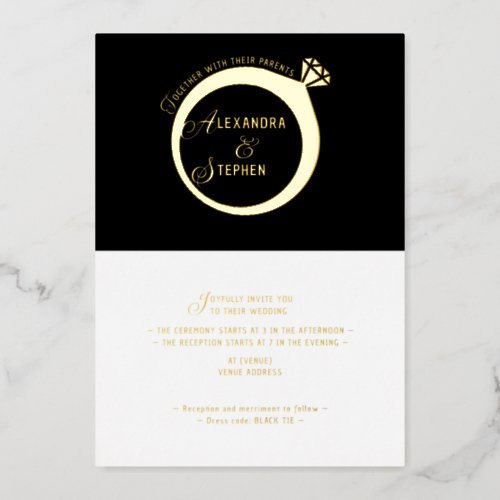 Modern Minimalist Script Diamond Wedding Ring Gold Foil Invitation