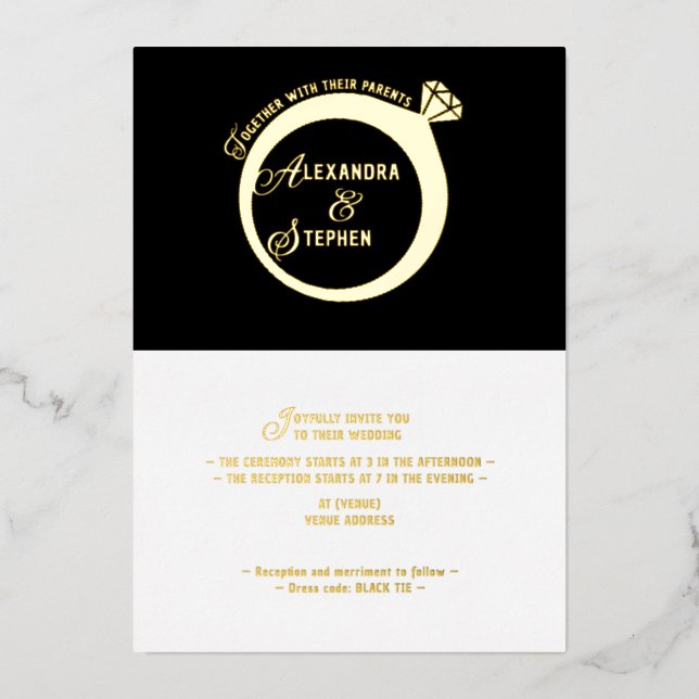 Modern Minimalist Script Diamond Wedding Ring Gold Foil Invitation (Front)