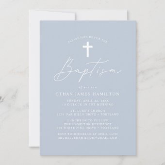 Modern Minimalist Script Dusty Blue Baptism Invitation | Zazzle