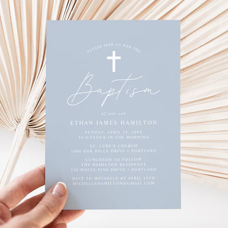 Modern Minimalist Script Dusty Blue Baptism Invitation Zazzle