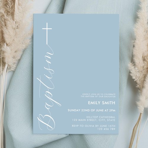 Modern Minimalist Script Dusty Blue Baptism Invitation