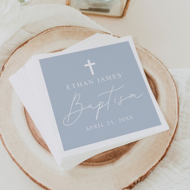 Modern Minimalist Script Dusty Blue Baptism Napkins (Creator Uploaded)