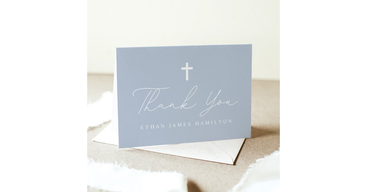 Modern Minimalist Script Dusty Blue Photo Baptism Thank You Card | Zazzle