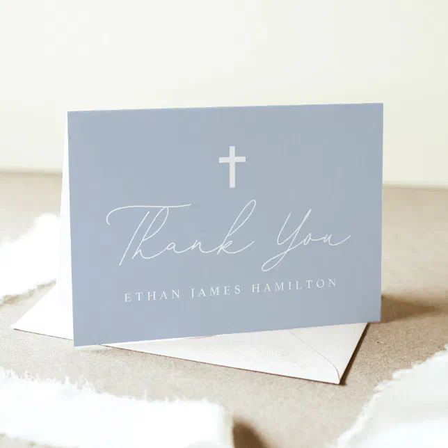 Modern Minimalist Script Dusty Blue Photo Baptism Thank You Card | Zazzle