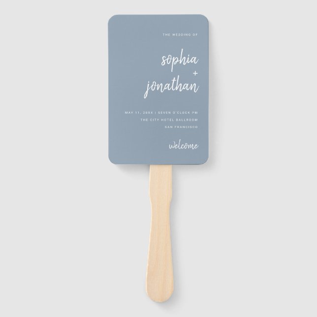Modern Minimalist Script Dusty Blue | Wedding Hand Fan (Front)