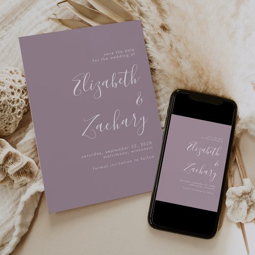 Modern Minimalist Script Dusty Lilac Save the Date Announcement