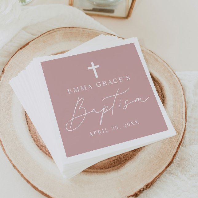 Modern Minimalist Script Dusty Rose Baptism Napkins (Creator Uploaded)