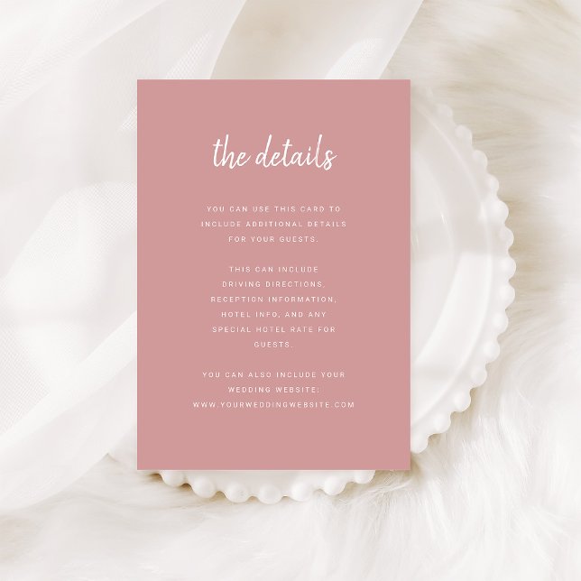 Modern Minimalist Script Dusty Rose | Details Enclosure Card (Elegant dusty pink wedding details cards)