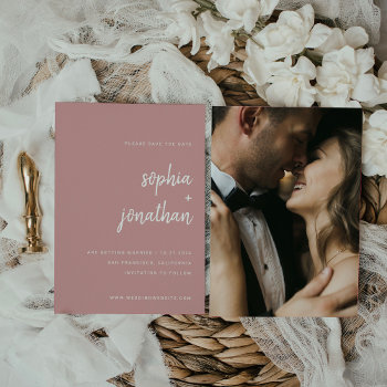 Modern Minimalist Script Dusty Rose | Photo Back Save The Date by Customize_My_Wedding at Zazzle