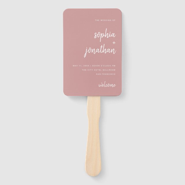 Modern Minimalist Script Dusty Rose | Wedding Hand Fan (Front)
