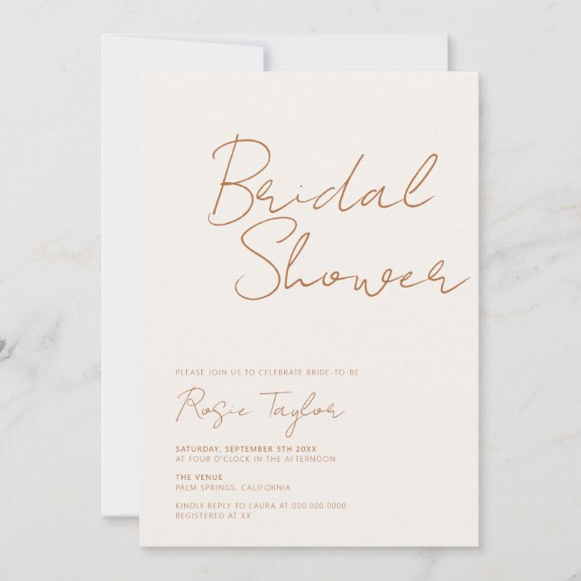 Modern Minimalist Script Earthy Bridal Shower Invitation (Front)