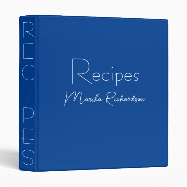 Modern Minimalist Script Elegant Blue Recipes 3 Ring Binder (Front/Spine)
