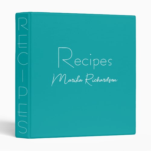 Modern Minimalist Script Elegant Teal Recipes 3 Ring Binder