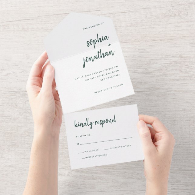 Modern Minimalist Script | Emerald Green Wedding All In One Invitation (Tearaway)