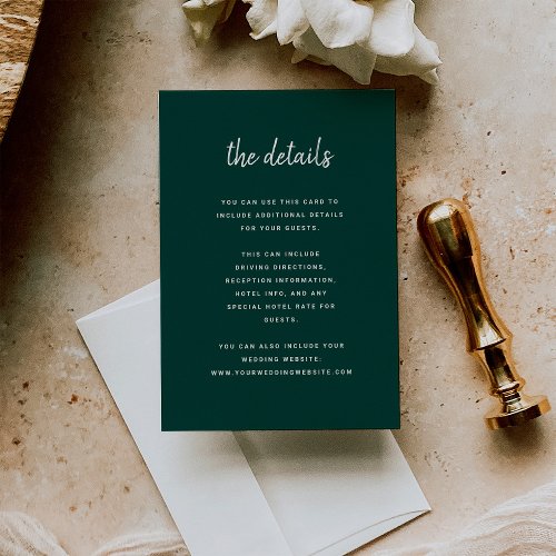 Modern Minimalist Script Emerald  Wedding Details Enclosure Card