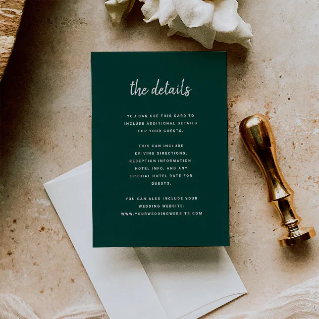 Modern Minimalist Script Emerald | Wedding Details Enclosure Card | Zazzle