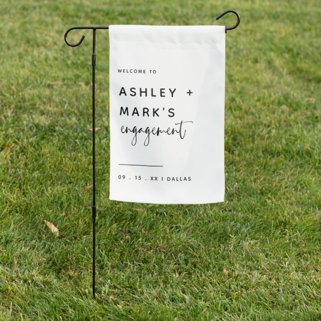 Modern Minimalist Script Engagement Celebration Garden Flag (In SItu)
