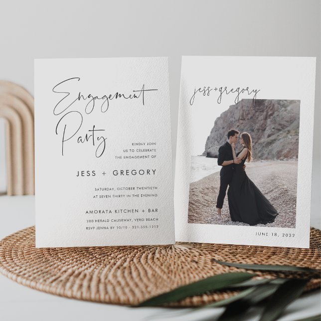 Modern Minimalist Script Engagement Party Photo Invitation (Modern minimalist engagement party invitations)