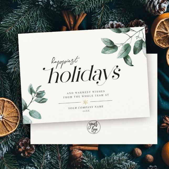 Modern Minimalist Script Eucalyptus Business Logo Holiday Card (Creator Uploaded)