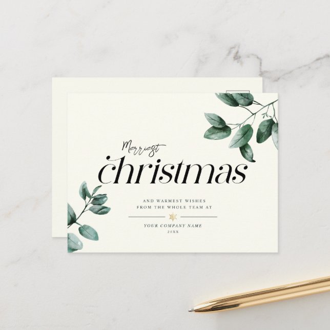Modern Minimalist Script Eucalyptus Business Logo Holiday Postcard (Front/Back In Situ)
