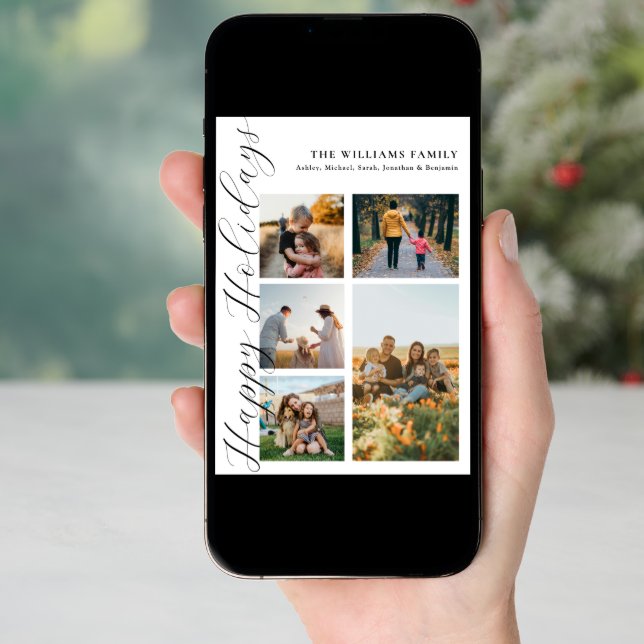 Modern Minimalist Script Family Photo Collage Holiday Card (Front Digital)