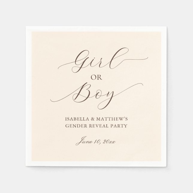 Modern Minimalist Script Gender Reveal Party Beige Napkins (Front)