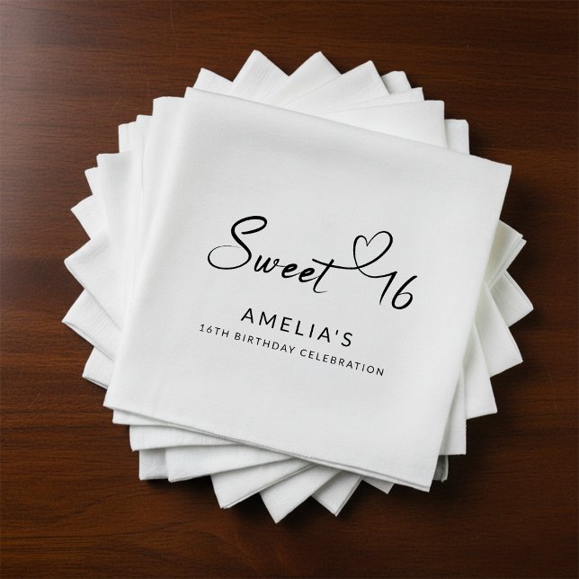 Modern Minimalist Script Heart Sweet 16 Napkins (Creator Uploaded)