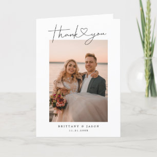 Modern Minimalist Script Heart Wedding Photo Letterpress Thank You Card