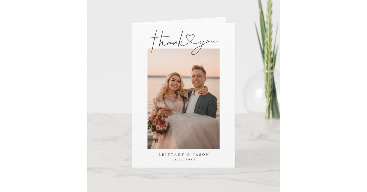Modern Minimalist Script Heart Wedding Photo Thank You Card | Zazzle