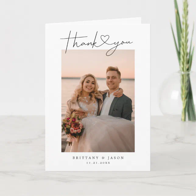 Modern Minimalist Script Heart Wedding Photo Thank You Card | Zazzle