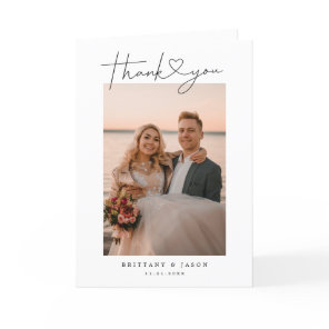 Modern Minimalist Script Heart Wedding Photo Thank You Card