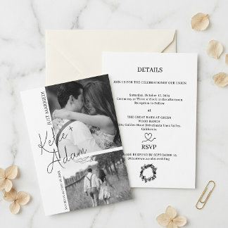 Modern Minimalist Script Just Married 2 Photo Invitation