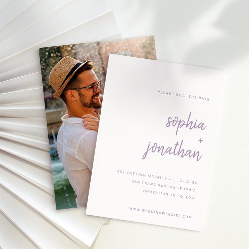 Modern Minimalist Script Lavender  Photo Back Save The Date