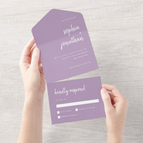 Modern Minimalist Script Lavender  Wedding All In One Invitation