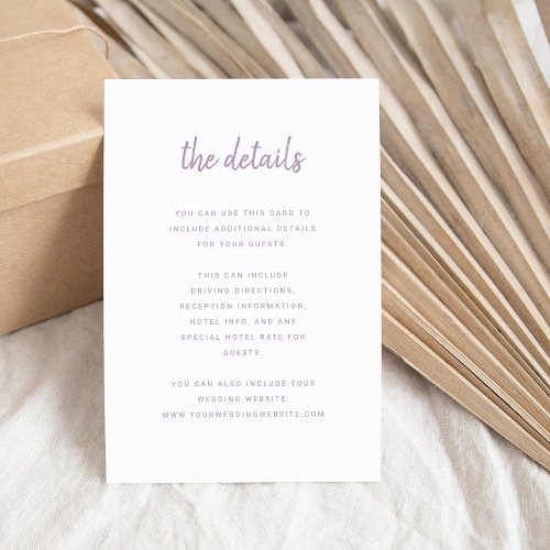 Modern Minimalist Script Lavender Wedding Details Enclosure Card