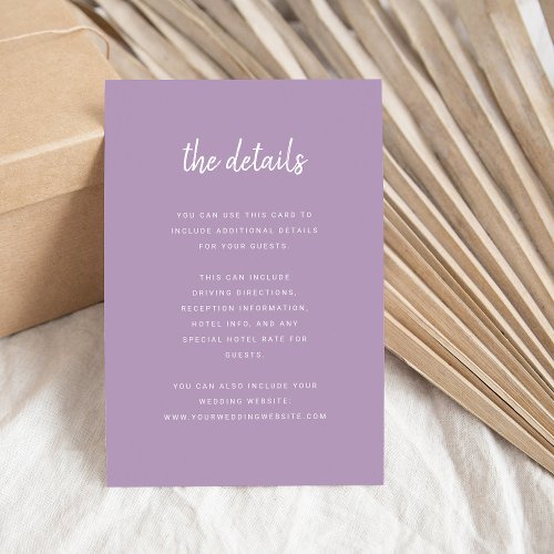 Modern Minimalist Script Lavender Wedding Details Enclosure Card